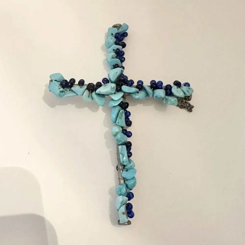 Turquoise Beads Cross Wall Hanging Silver Nails Wire Measures 5